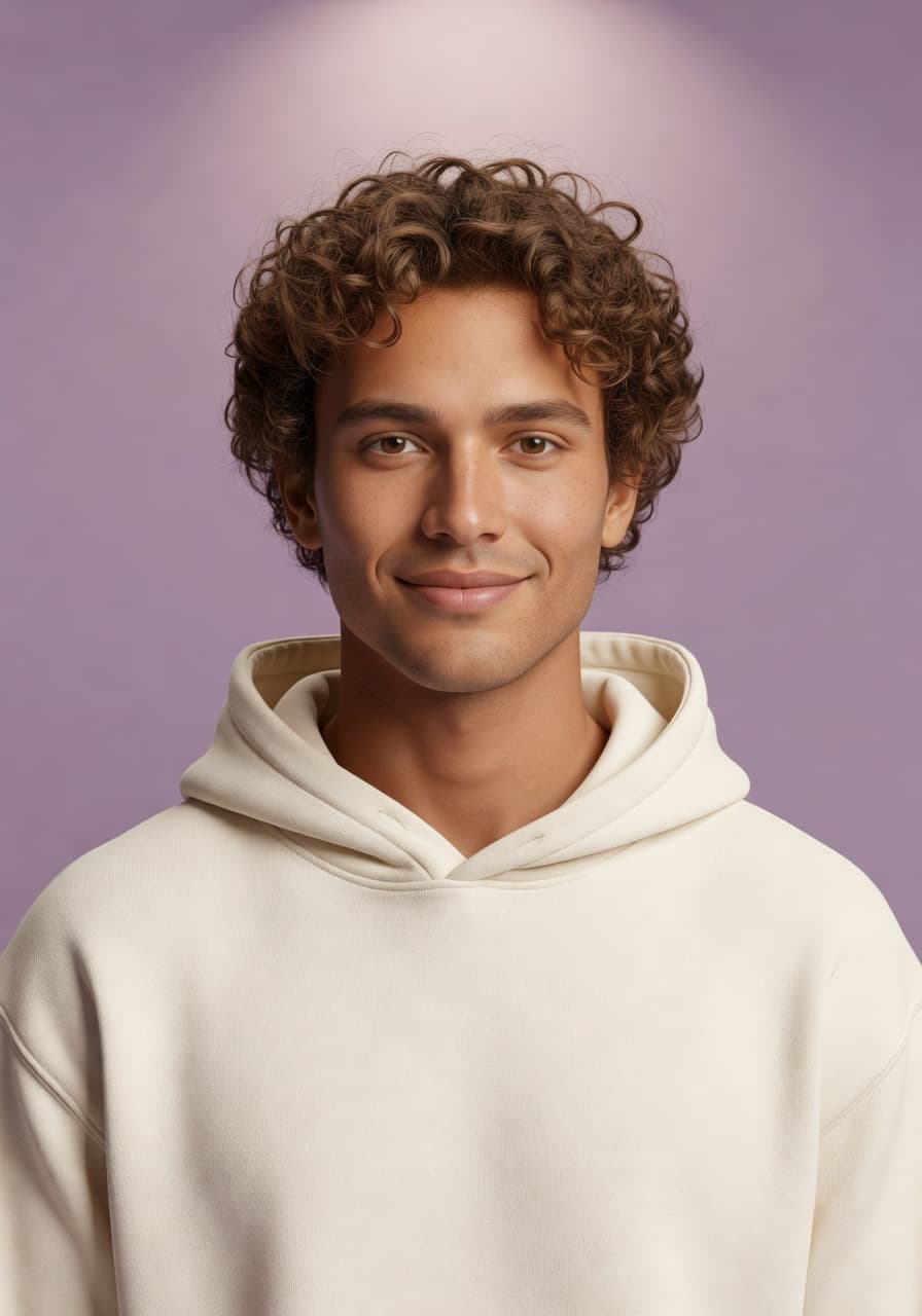 AI-generated personal-brand portrait for creators in cream hoodie with lavender backdrop — SelfAI AI Photo Studio