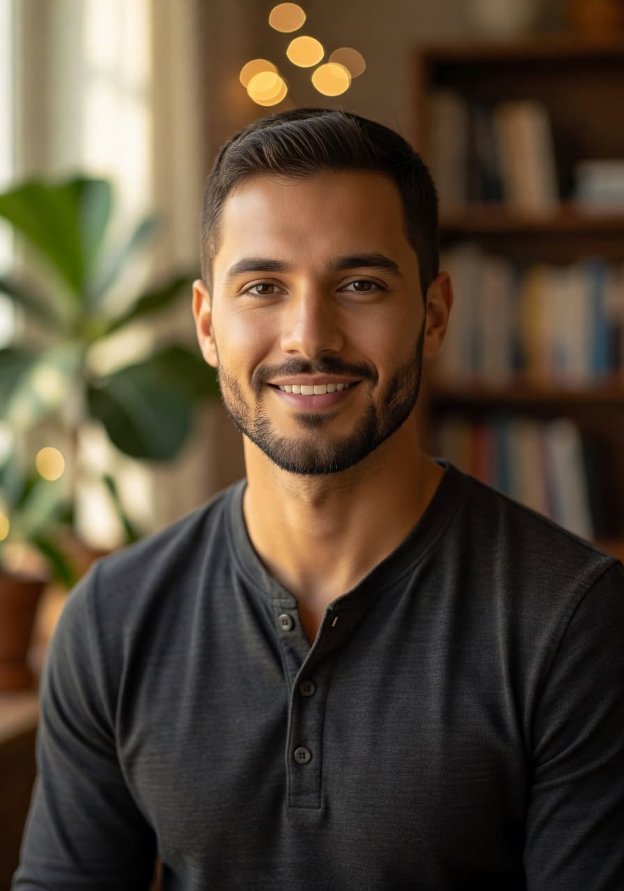AI-generated polished dating profile portrait with warm window light and indoor bokeh — SelfAI AI Photo Studio