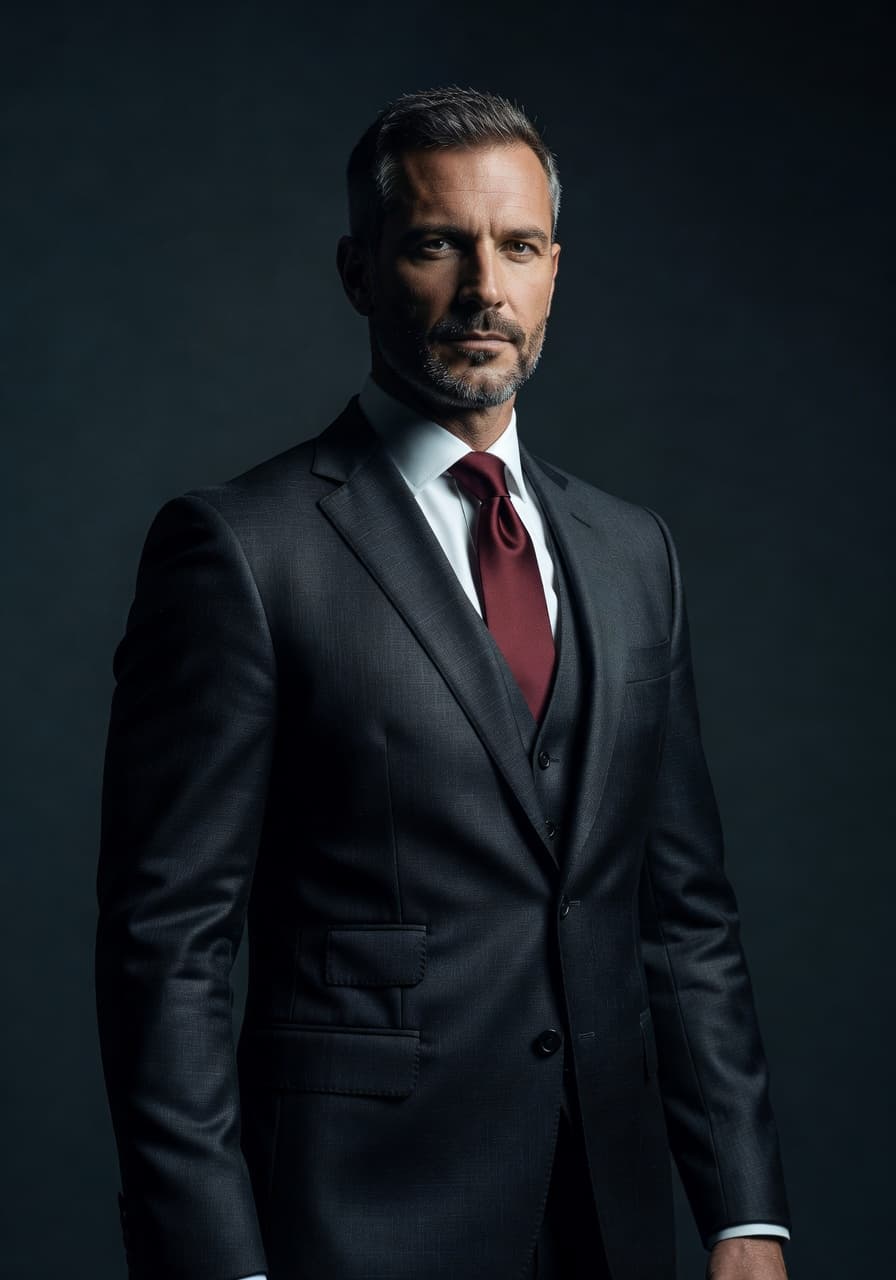AI-generated executive portrait with charcoal three-piece suit and dramatic single-key lighting — SelfAI AI Photo Studio