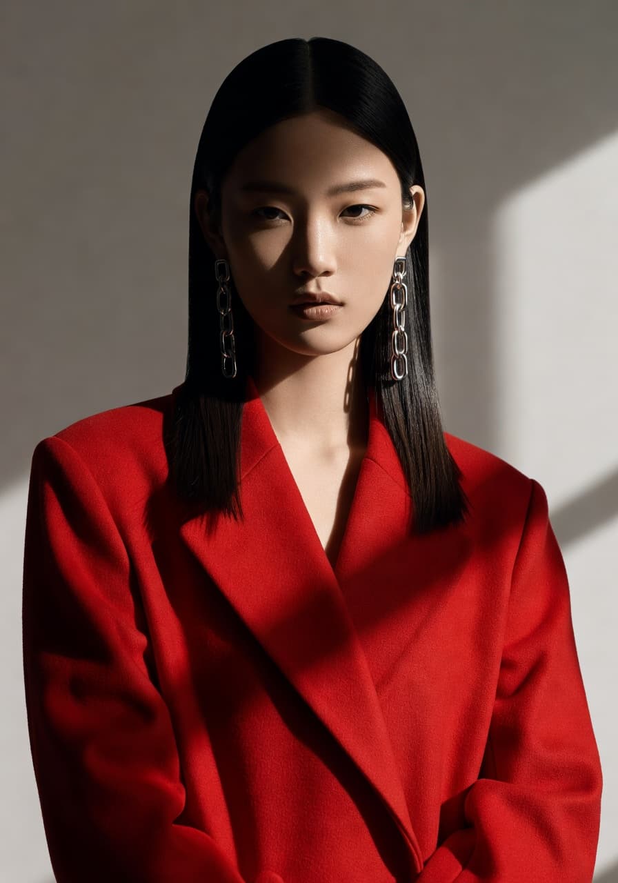 AI-generated fashion-forward editorial portrait with crimson trench and grid-shaped lighting — SelfAI AI Photo Studio