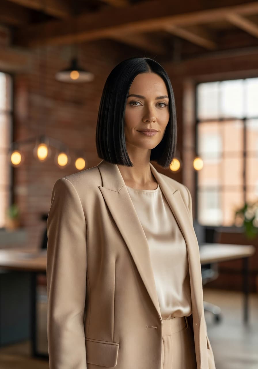 AI-generated modern founder portrait in sand-colored blazer — SelfAI AI Photo Studio