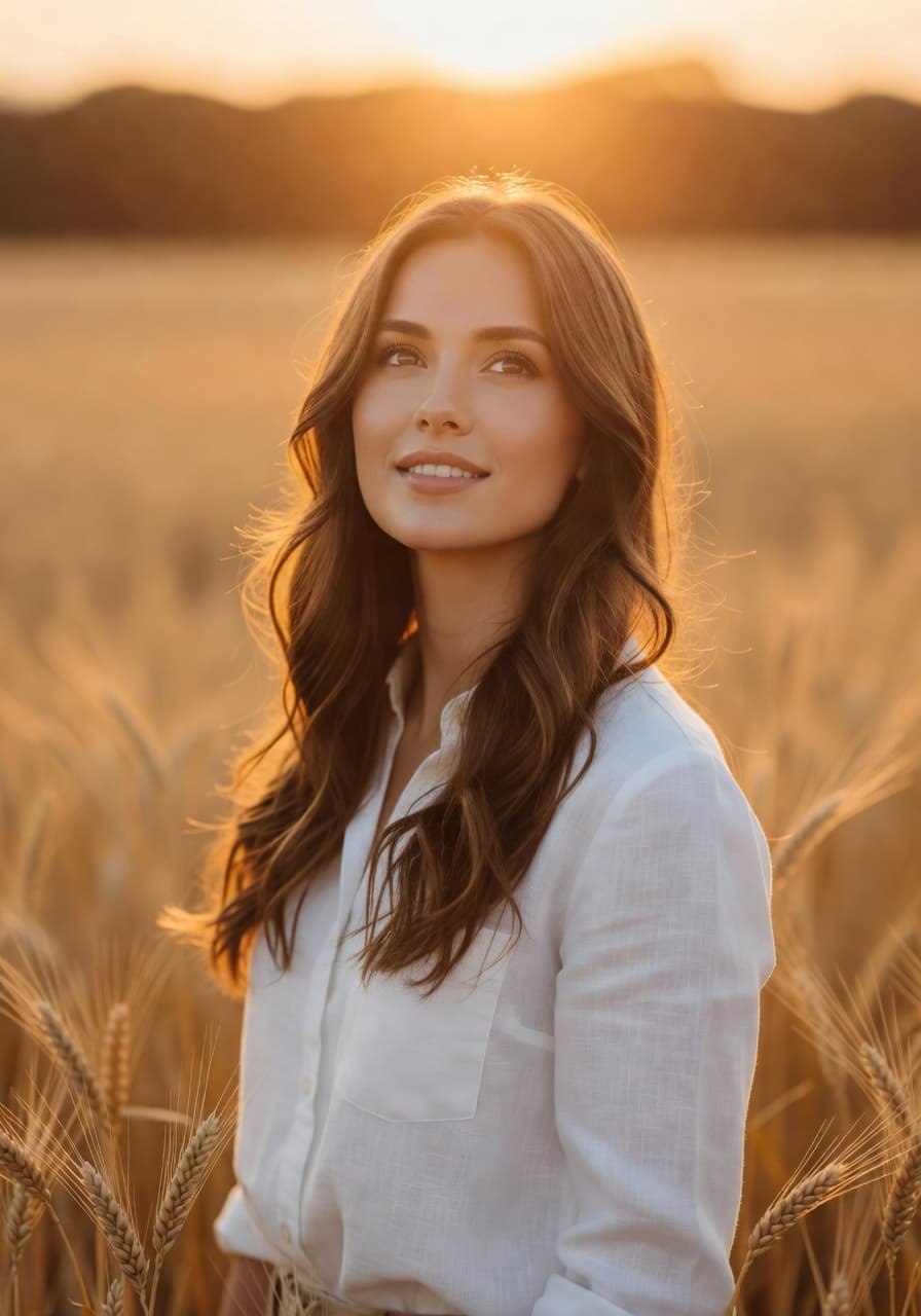 AI-generated golden-hour outdoor portrait with rim lighting and wheat-field bokeh — SelfAI AI Photo Studio