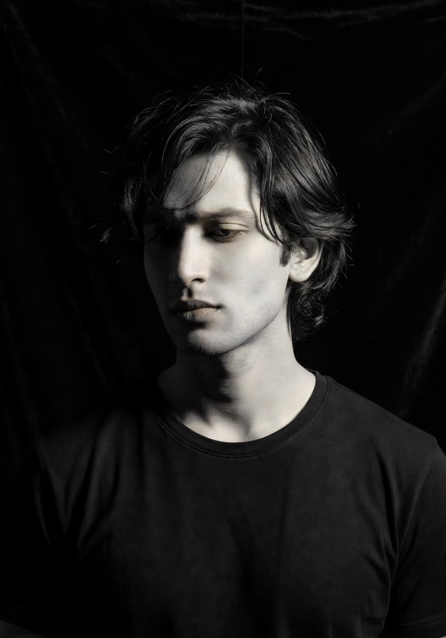 AI-generated monochrome portrait with hard light and deep shadows — SelfAI AI Photo Studio