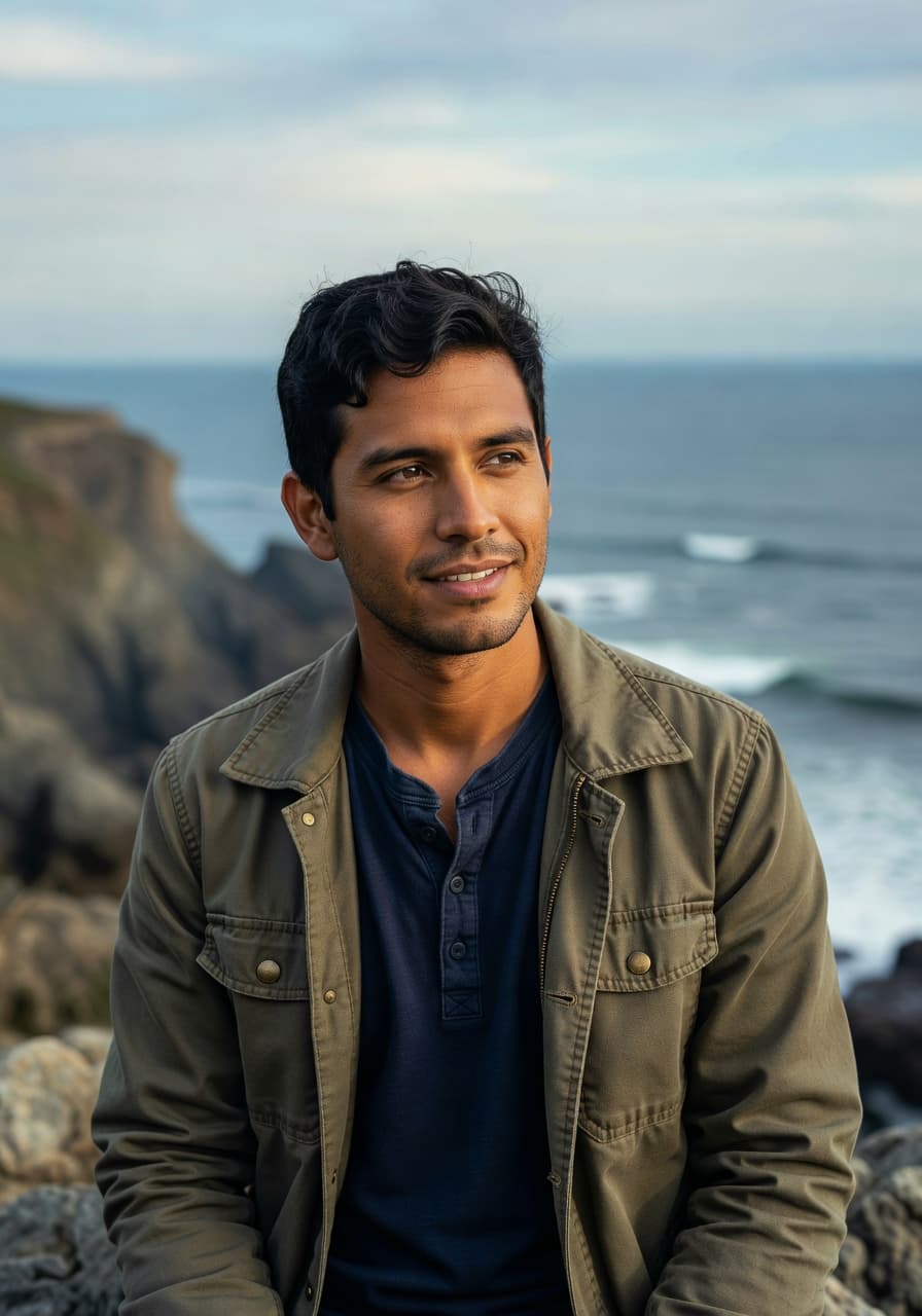 AI-generated outdoor travel portrait with coastal bokeh backdrop — SelfAI AI Photo Studio