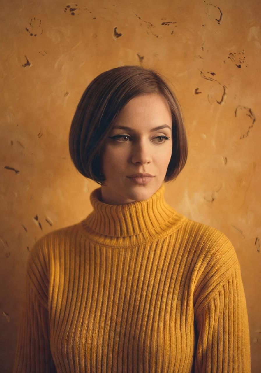 AI-generated retro 1970s-style portrait with mustard sweater and amber grain — SelfAI AI Photo Studio