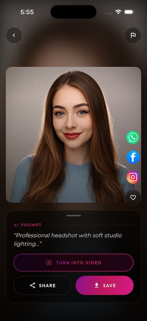 SelfAI AI Photo Studio app preview screenshot showing portrait styles and AI headshot results